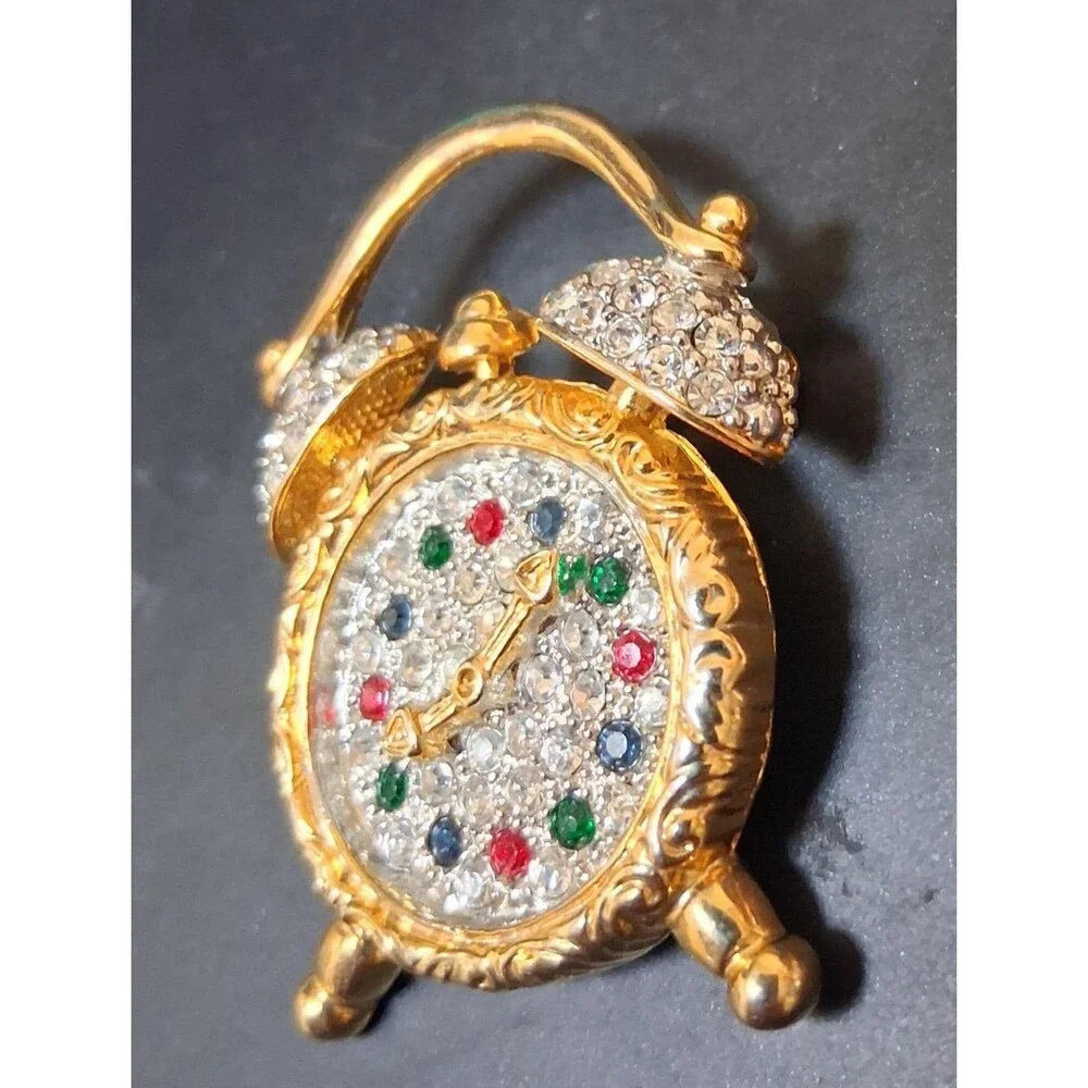 Vintage Rhinestone Clock Brooch